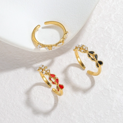Anello Con Perla Artificial E Fiocco Regolabile Acciaio Inossidabile Smalto Fiocco Retro Francese Gioielli Eleganti Per Donne