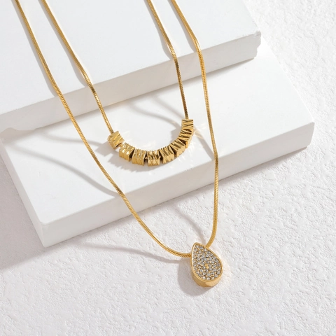 Double Layered Gold Plated Stainless Steel Snake Chain Necklace Water Drop Pendant Zirconia Minimalist Jewelry For Women