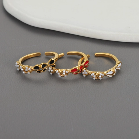 Anello Con Perla Artificial E Fiocco Regolabile Acciaio Inossidabile Smalto Fiocco Retro Francese Gioielli Eleganti Per Donne