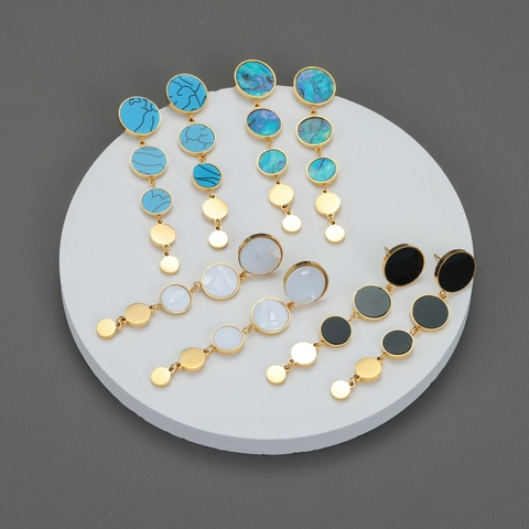Vintage Lange Hängeohrringe Vergoldeter Edelstahl Geometrische Runde Scheibe Bunte Muschel Eingelegt Boho Stil Schmuck Für Damen