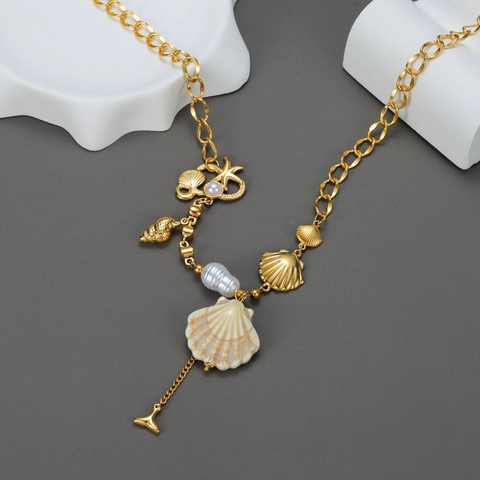 Collana con Pendente a Forma di Conchiglia e Stella Marina in Acciaio Inossidabile Catena Grossa Placcata Oro Donna