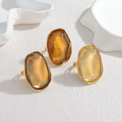 Chunky Irregular Oval Ring Stainless Steel Amber Resin Geometric Retro Minimalist Jewelry For Women Adjustable