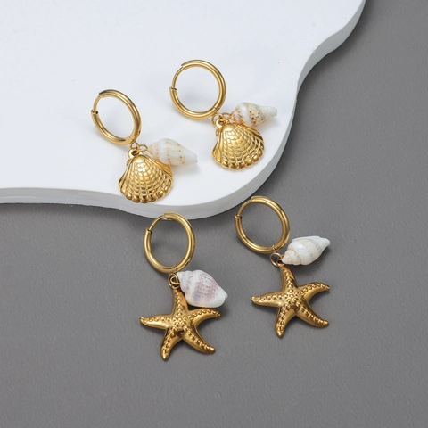 Zeester Schelp Drop Hoop Oorbellen 18K Verguld Roestvrij Staal Oceaan Strand Sieraden Voor Dames
