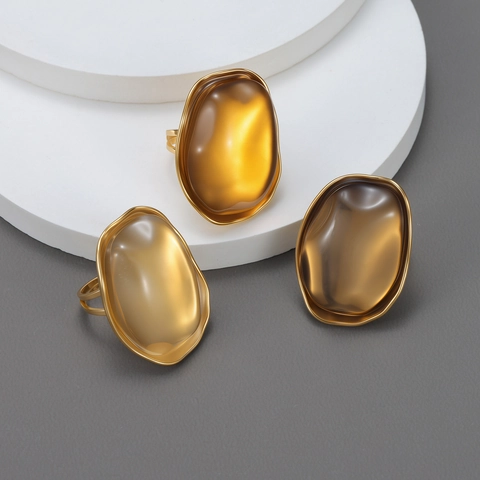 Chunky Irregular Oval Ring Stainless Steel Amber Resin Geometric Retro Minimalist Jewelry For Women Adjustable