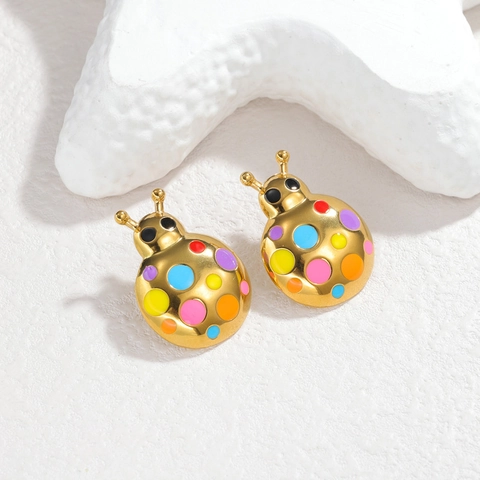 Lieveheersbeestje Knopoorbellen 18K Verguld Roestvrij Staal Kleurrijk Emaille Insecten Sieraden Voor Dames