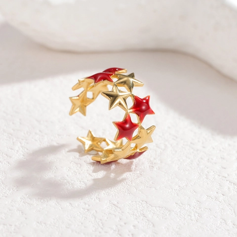 Verstellbarer Edelstahl Stern Ring Gold Überzogen Roter Emaille Mehrlagig Pentagramm Minimalistischer Schmuck Geschenk