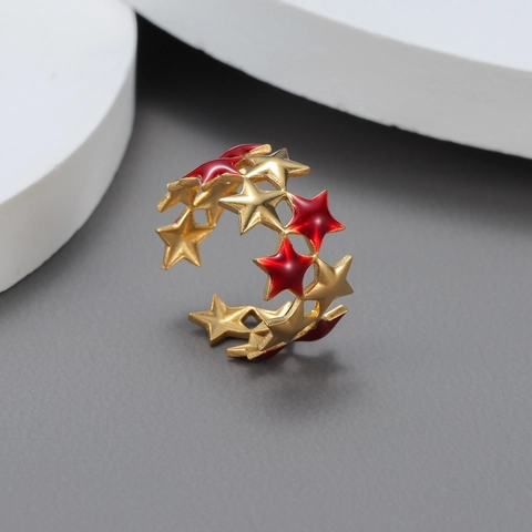 Verstellbarer Edelstahl Stern Ring Gold Überzogen Roter Emaille Mehrlagig Pentagramm Minimalistischer Schmuck Geschenk