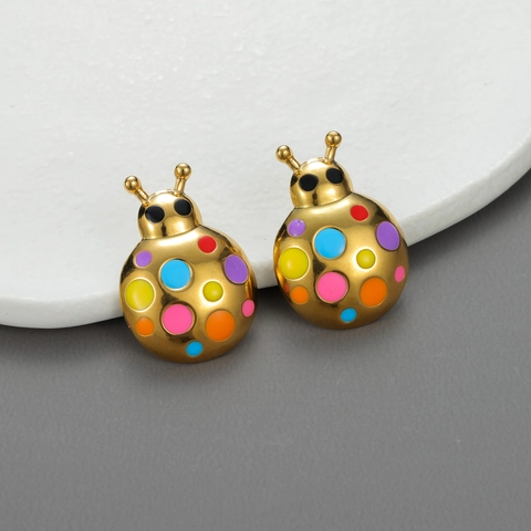 Lieveheersbeestje Knopoorbellen 18K Verguld Roestvrij Staal Kleurrijk Emaille Insecten Sieraden Voor Dames