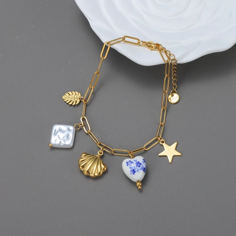 Ocean Charm Bracelet Stainless Steel Gold Plated Shell Heart Star Leaf Pendants Porcelain Beads Jewelry For Women