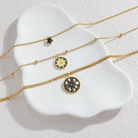Vintage Gelaagde Ketting Roestvrij Staal Verguld Hemelse Ster Maanfase Hanger Sieraden Voor Dames