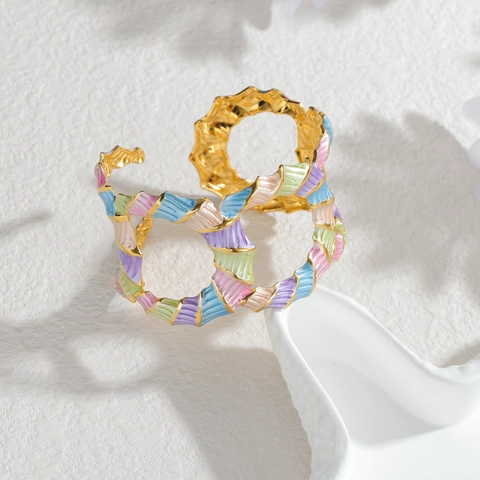 Stainless Steel Enamel Cuff Bracelet Wide Wave Pattern Open Bangle Stylish Jewelry For Women