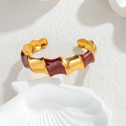 Stainless Steel Bangle Open Cuff Bracelet Gold Plated Red Enamel Wave Texture Bamboo Joint Luxury Jewelry For Women