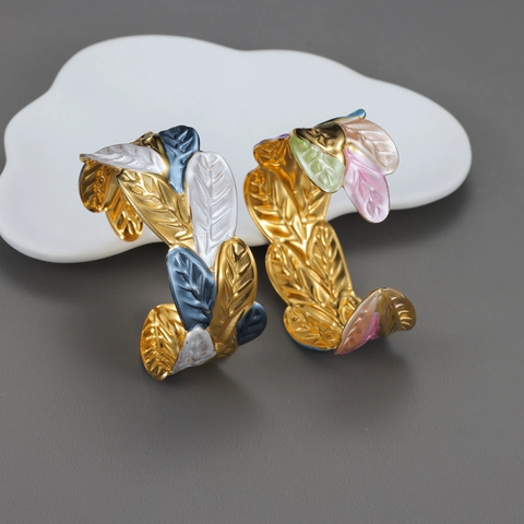 Edelstahl Blatt Armreif Offen 18K Vergoldet Vintage Breit Bunte Emaille Schmuck Für Damen