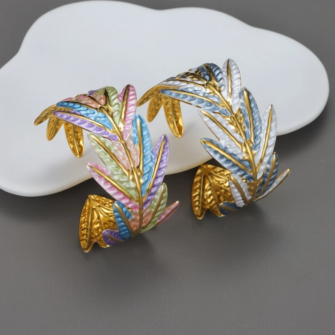 Onregelmatige Blad Manchet Armband Roestvrij Staal Verguld Kleurrijk Emaille Open Ring Voor Dames Mode Accessoire