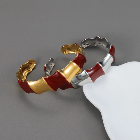 Stainless Steel Bangle Open Cuff Bracelet Gold Plated Red Enamel Wave Texture Bamboo Joint Luxury Jewelry For Women