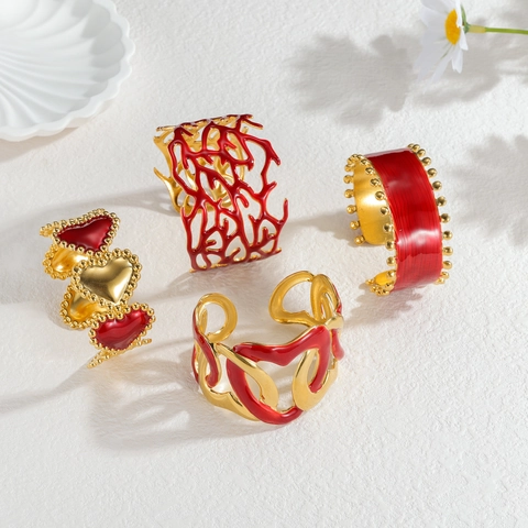 Brazalete De Acero Inoxidable Para Mujer Esmalte Rojo Rama De Coral Corazón Abierto Ajustable Estilo Marino Retro
