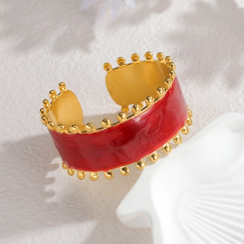 Brazalete De Acero Inoxidable Para Mujer Esmalte Rojo Rama De Coral Corazón Abierto Ajustable Estilo Marino Retro