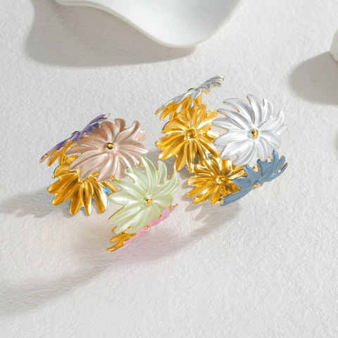 Edelstahl Offener Armreif Für Damen Bunte Emaille Blumen Blatt Unregelmäßige Vergoldete Manschette Schmuck