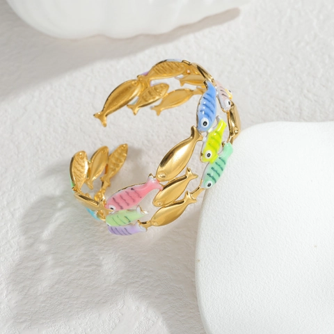 18K Gold Plated Stainless Steel Open Bangle Bracelet Marine Ocean Colorful Enamel Fish Sea Turtle Shell Adjustable