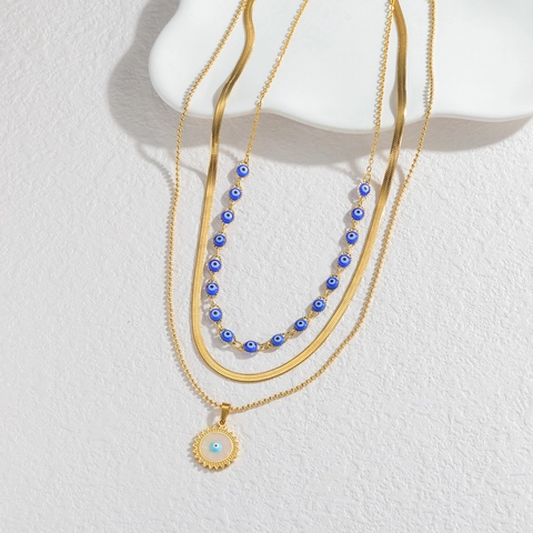 Evil Eye Sonne Anhänger Mehrlagige Halskette Vergoldet Edelstahl Schlangenkette Perlen Schmuck Für Damen Boho