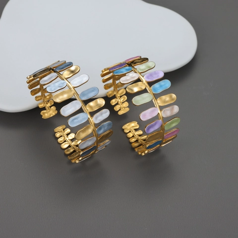 Emaille Blad Armband Roestvrij Staal Verguld Kleurrijk Hol Ontwerp Open Verstelbare Bangle Sieraden Voor Dames