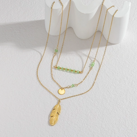 Collier Multi-Rangs Bohème Acier Inoxydable Perles Vertes Plume Pendentif Disque Rond Bijoux Vintage Pour Femme