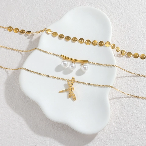 Collana A Triplo Strato In Acciaio Inossidabile Con Ciondolo A Libellula Dettagli In Strass E Künstliche Perle Imitazione Per Donna