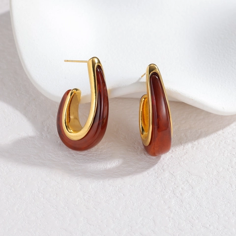 French Vintage Geometric Chunky Hoop Earrings Stainless Steel Resin Minimalist Fashion Jewelry For Women