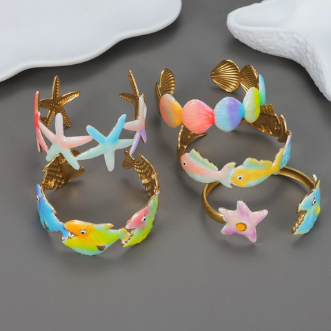 Bracelet Jonc En Acier Inoxydable Email Colore Etoile De Mer Coquillage Poisson Design Style Vacances Plage Femme