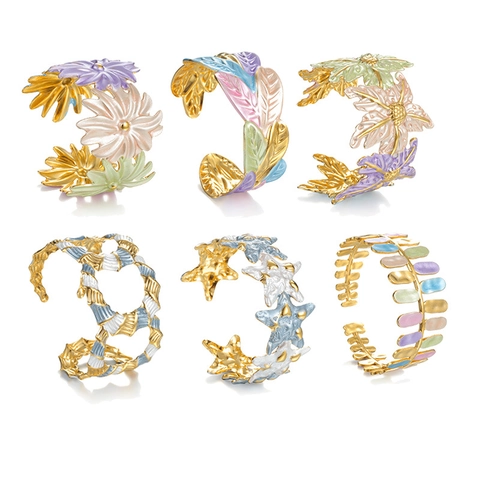 Edelstahl Offener Armreif Für Damen Bunte Emaille Blumen Blatt Unregelmäßige Vergoldete Manschette Schmuck