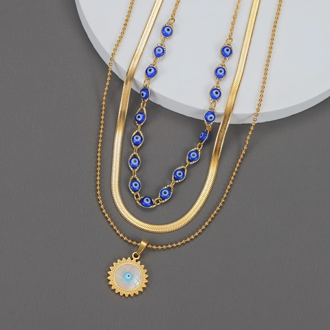 Evil Eye Sonne Anhänger Mehrlagige Halskette Vergoldet Edelstahl Schlangenkette Perlen Schmuck Für Damen Boho
