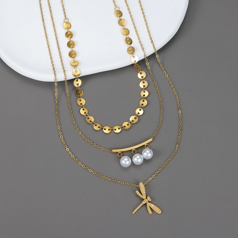 Collana A Triplo Strato In Acciaio Inossidabile Con Ciondolo A Libellula Dettagli In Strass E Künstliche Perle Imitazione Per Donna