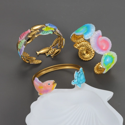 18K Gold Plated Stainless Steel Open Bangle Bracelet Marine Ocean Colorful Enamel Fish Sea Turtle Shell Adjustable