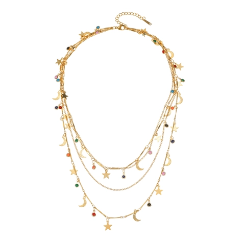 Bohemian Multi-Layer Stainless Steel Necklace For Women Featuring Gold Plated Star Moon Pendants And Colorful Beads