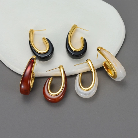 French Vintage Geometric Chunky Hoop Earrings Stainless Steel Resin Minimalist Fashion Jewelry For Women