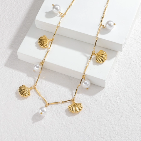 Collana Vintage Con Künstliche Perle E Conchiglie Acciaio Inossidabile Placcato Oro Gioielli Stile Marino Per Donna Retro Elegante