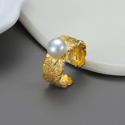 Offener Ring Aus Edelstahl Vergoldet Künstliche Perlenimitat Unregelmäßige Textur Minimalistischer Schmuck Für Damen