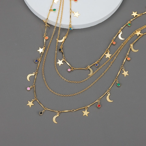 Bohemian Multi-Layer Stainless Steel Necklace For Women Featuring Gold Plated Star Moon Pendants And Colorful Beads