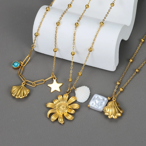 Collana In Acciaio Inossidabile Placcato Oro Con Pendenti Conchiglia Fiore E Perla Artificial Gioielli Minimalisti Per Donna
