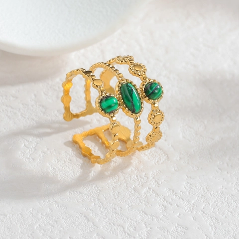 Vintage Bohemian Multi Layer Hollow Open Ring Stainless Steel With Natural Stone Turquoise Adjustable Gold Plated Women