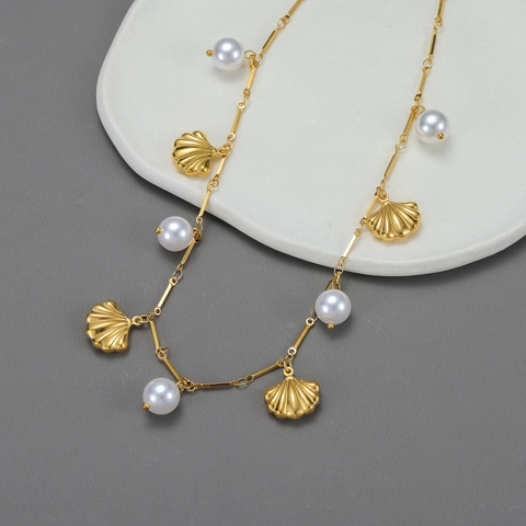 Collana Vintage Con Künstliche Perle E Conchiglie Acciaio Inossidabile Placcato Oro Gioielli Stile Marino Per Donna Retro Elegante