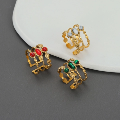 Vintage Bohemian Multi Layer Hollow Open Ring Stainless Steel With Natural Stone Turquoise Adjustable Gold Plated Women