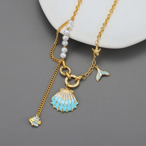 Ocean Shell Starfish Fish Tail Pendant Necklace Stainless Steel Faux Artificial Pearls Blue Enamel Beach Vacation Jewelry For Women