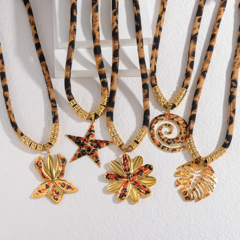 Bohemian Leopard Print Fabric Rope Stainless Steel Necklace Gold Plated Flower Star Monstera Leaf Pendant Fashion Jewelry For Women