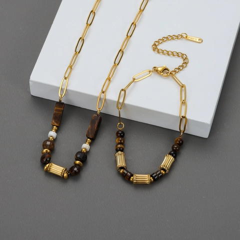 Collar De Cuentas De Piedra Ojo De Tigre De Acero Inoxidable Chapado En Oro De 18K Para Mujer Estilo Retro Joyería Geométrica