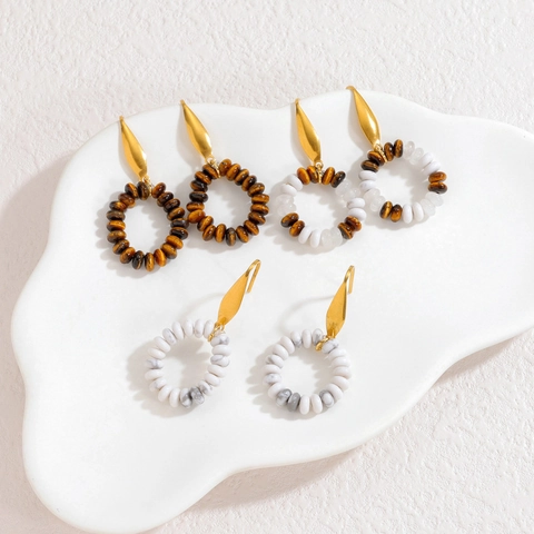 Bohemian Hoop Dangle Earrings Stainless Steel With Tiger Eye And White Marble Stone Beads Geometric For Women