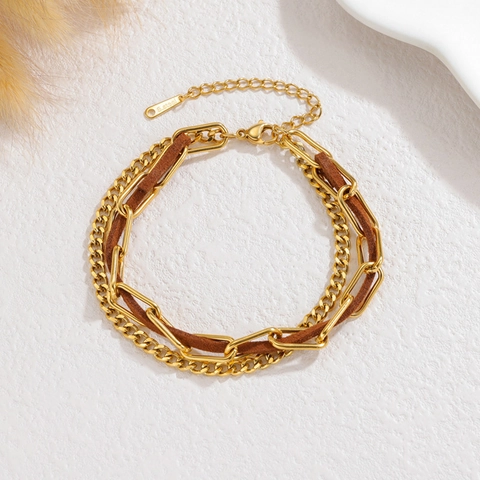 Bracciale Sovrapposto In Acciaio Inossidabile Placcato Oro Con Cordino In Camoscio Marrone Gioielli Geometrici Vintage Da Donna