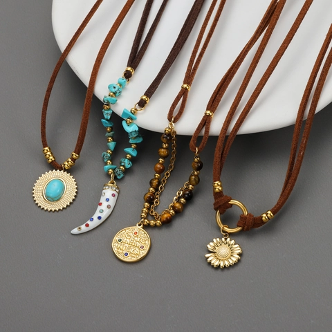 Boho Edelstahl Halskette Für Damen Vintage Anhänger Tigerauge Türkis Perlen Samtkordel Gold Vergoldeter Schmuck