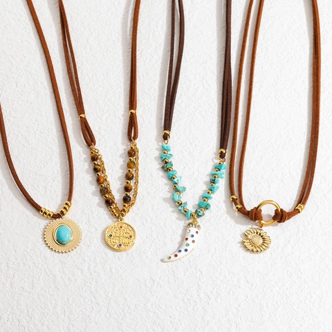 Boho Edelstahl Halskette Für Damen Vintage Anhänger Tigerauge Türkis Perlen Samtkordel Gold Vergoldeter Schmuck