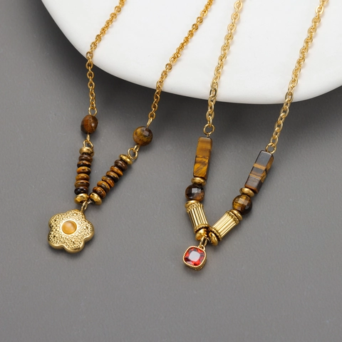 Collana Con Ciondolo A Fiore Gioielli In Acciaio Inossidabile Con Perline Occhio Di Tigre E Gemma Rossa Per Donna